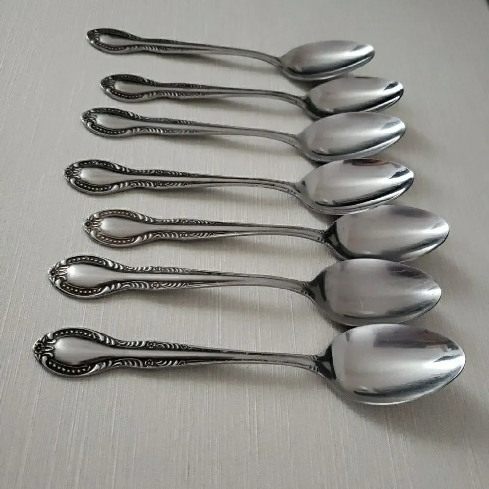 Columbia Stainless Japan 7 Dinner Spoons Flower Tip Beaded Edge Silverware VTG